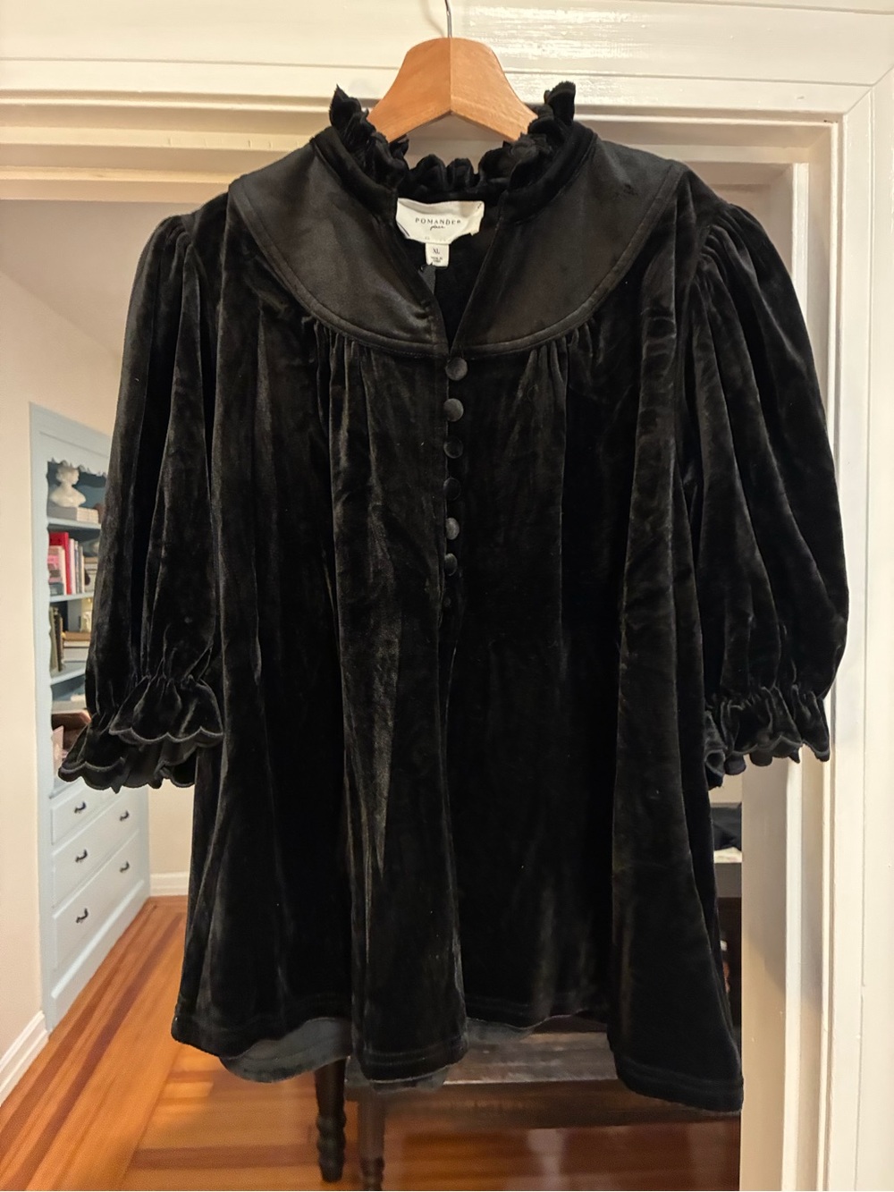 Pomander Place Black Velvet Ruffle-Collar Blouse